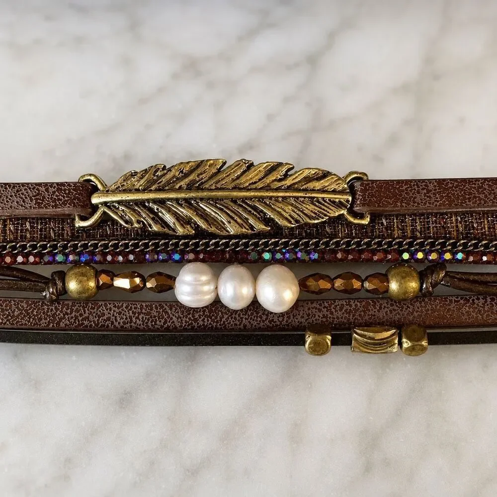 Men’s Seascape Saddle Brown PU Leather Boho Cuff Bracelet, Real Pearls